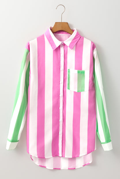 Rose Stripe Colorblock Chest Pocket Button up Shirt