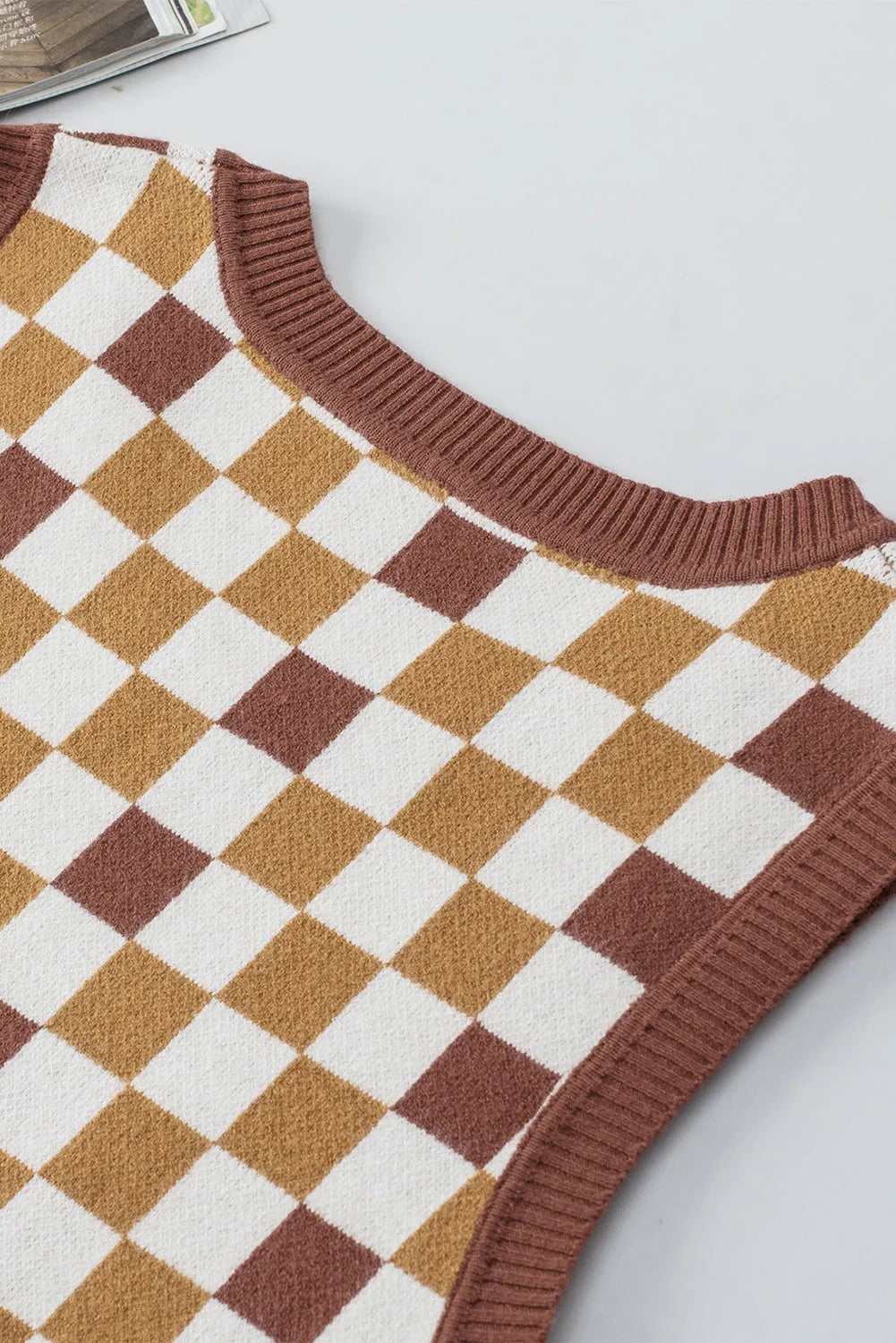 Brown Checkered Ribbed Trim Knit Sweater Vest - Chic Meadow Boutique 