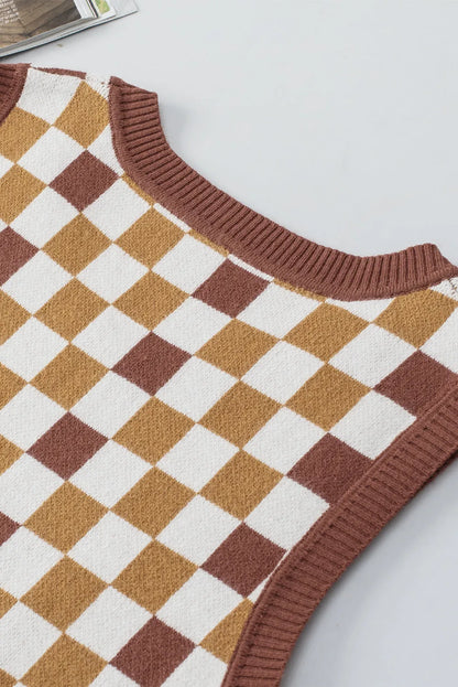 Brown Checkered Ribbed Trim Knit Sweater Vest - Chic Meadow Boutique 