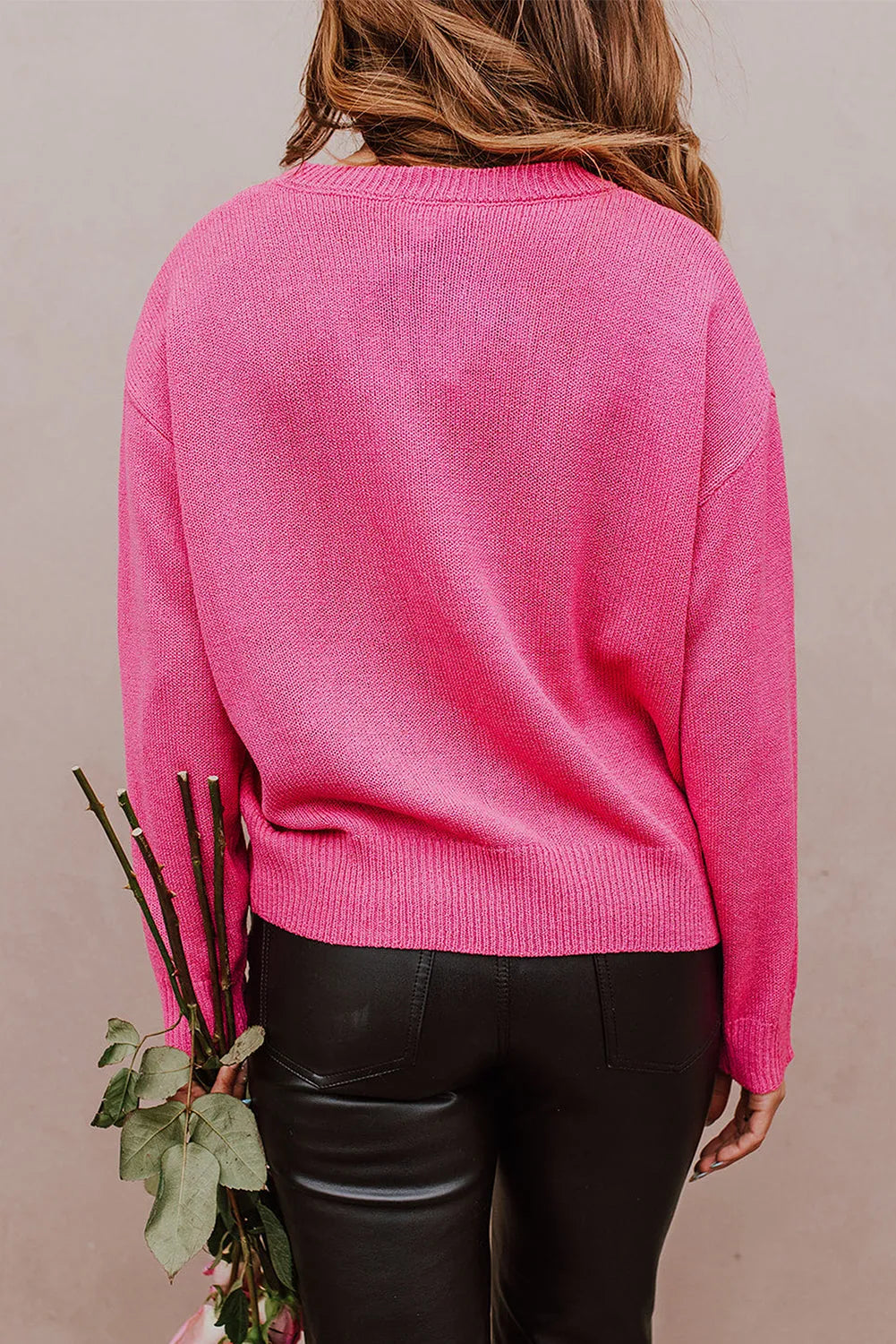 Rose Heart XOXO Pattern Drop Shoulder Rib Knit Sweater - Chic Meadow Boutique 