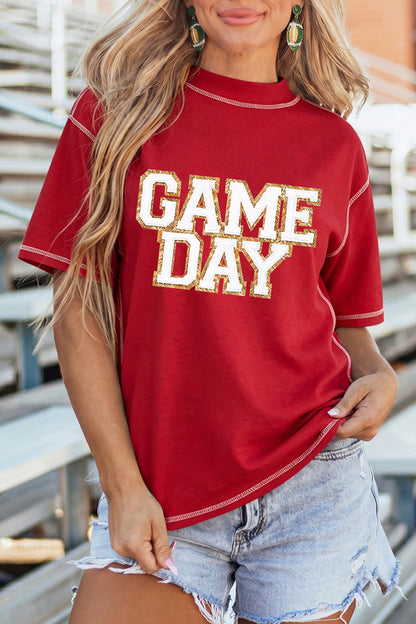 Racing Red Shiny Game Day Lettering Contrast Seam Detail Graphic Tee