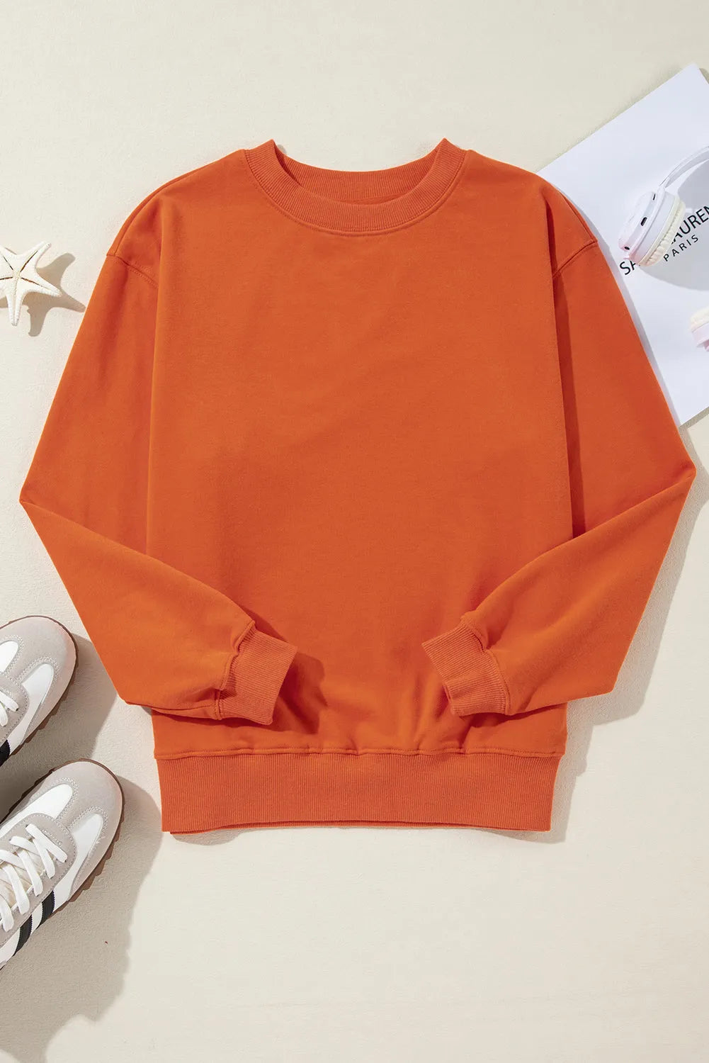 Orange Plain Drop Shoulder Crewneck Pullover Sweatshirt - Chic Meadow Boutique 