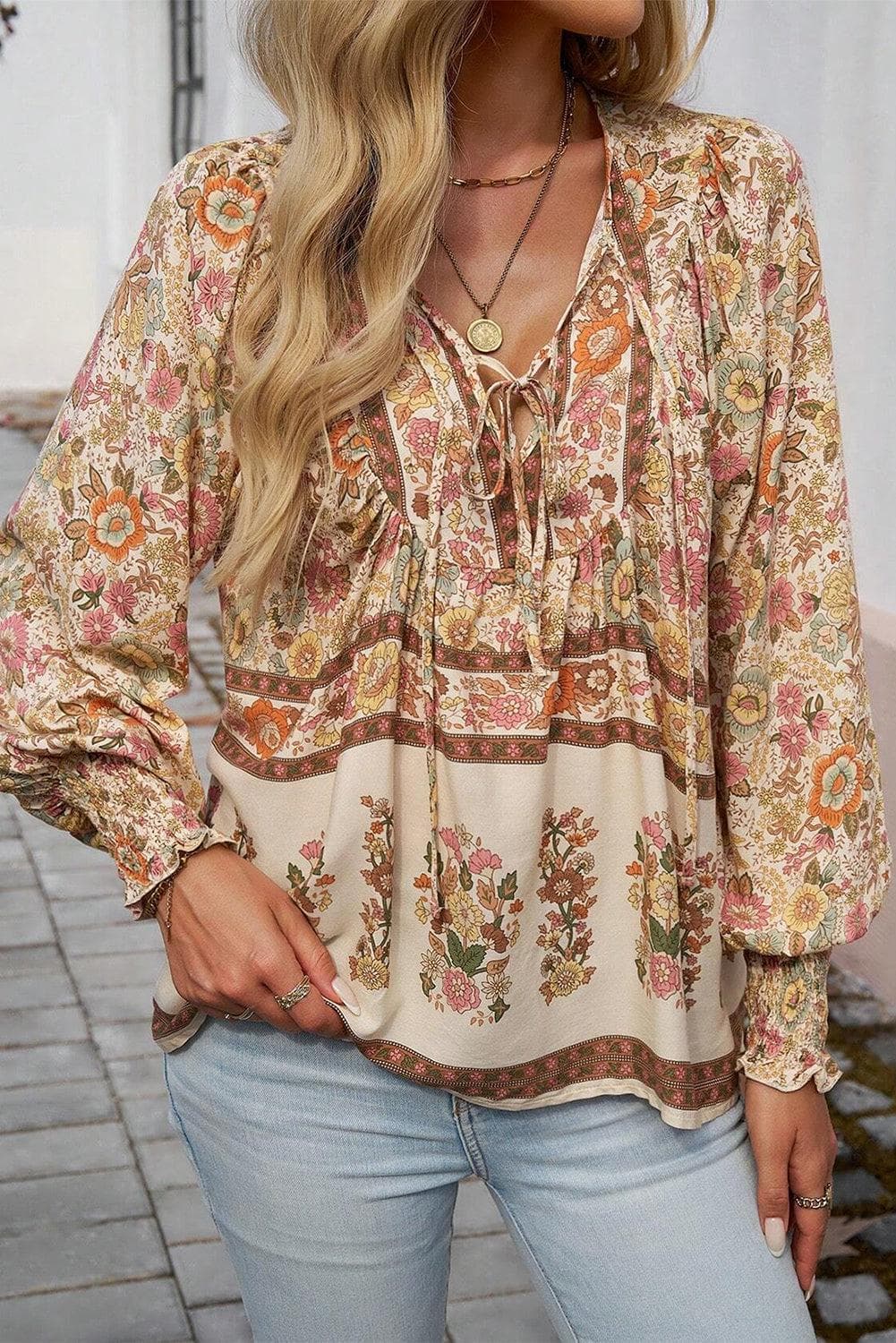 Tops/Blouses & Shirts Yellow Floral Print Tie Neck Lantern Sleeve Blouse