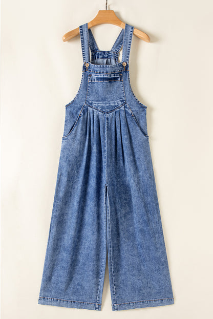 Light Blue Mineral Wash Buttoned Straps Wide Leg Denim Overalls