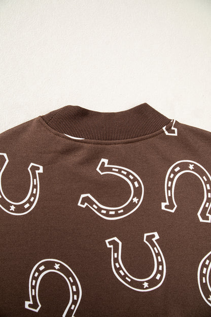 Brown Western Horseshoe Print Mock Neck Casual Pullover Sweatshirt
