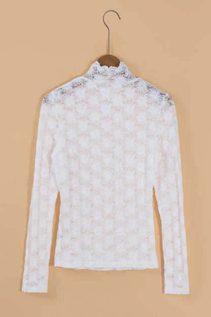 White Floral Lace High Neck Long Sleeve Top - Chic Meadow Boutique 