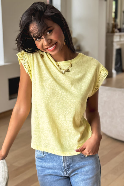 Yellow Cream Lace Patchwork Cap Sleeve Round Neck T Shirt