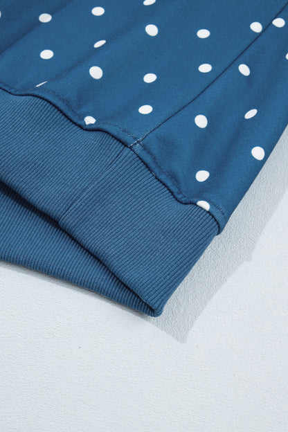 Blue Polka Dot Print Metal Button Collar Casual Pullover Sweatshirt