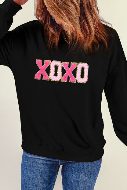 Black Chenille XOXO Patched Drop Shoulder Valentines Pullover Sweatshirt