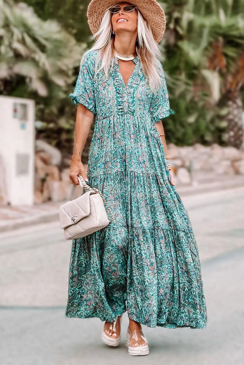 Sky Blue Paisley Print Boho Holiday Ruffle Tiered Maxi Dress - Chic Meadow Boutique 