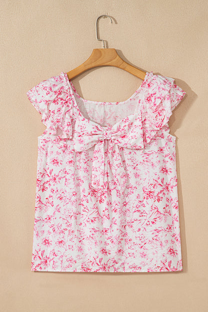 Pink Floral Ruffled Short Sleeve Bow Back Square Neck Blouse