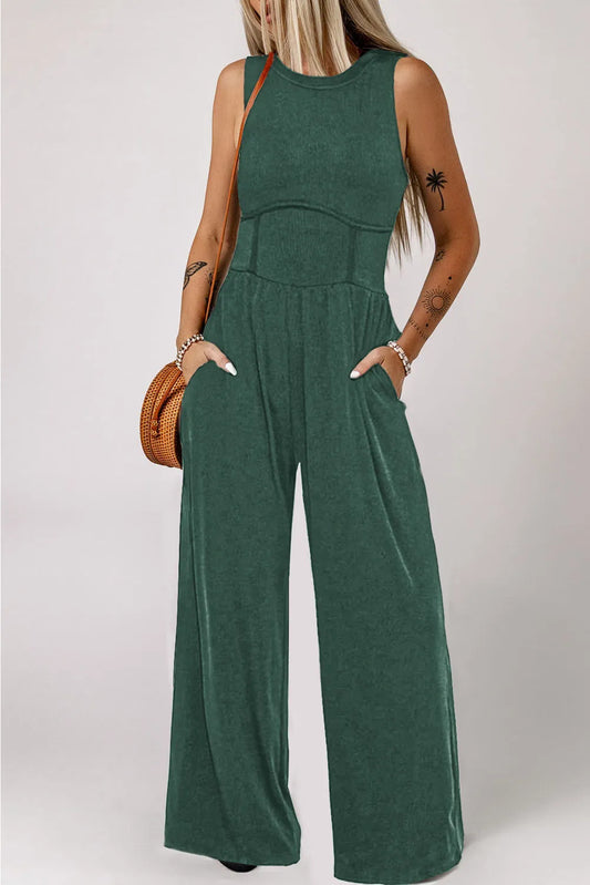 Blackish Green Cinched Waist Sleeveless Wide Leg Jumpsuit - Chic Meadow Boutique 