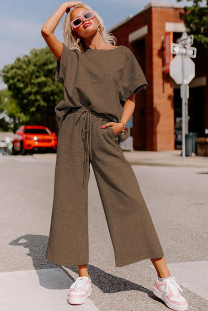 Brown Textured Loose Fit T Shirt and Drawstring Pants Set - Chic Meadow Boutique 