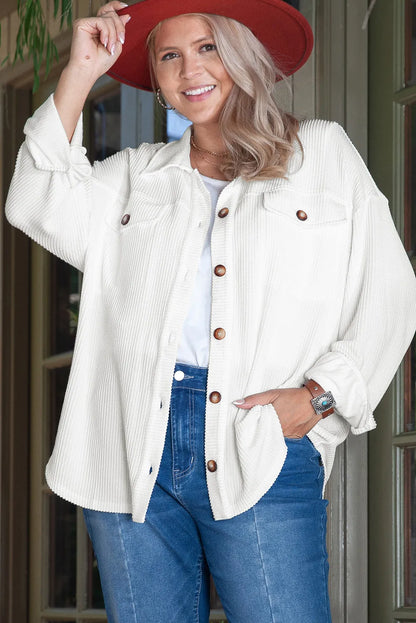 White Solid Corded Drop Shoulder Plus Size Shacket - Chic Meadow Boutique 