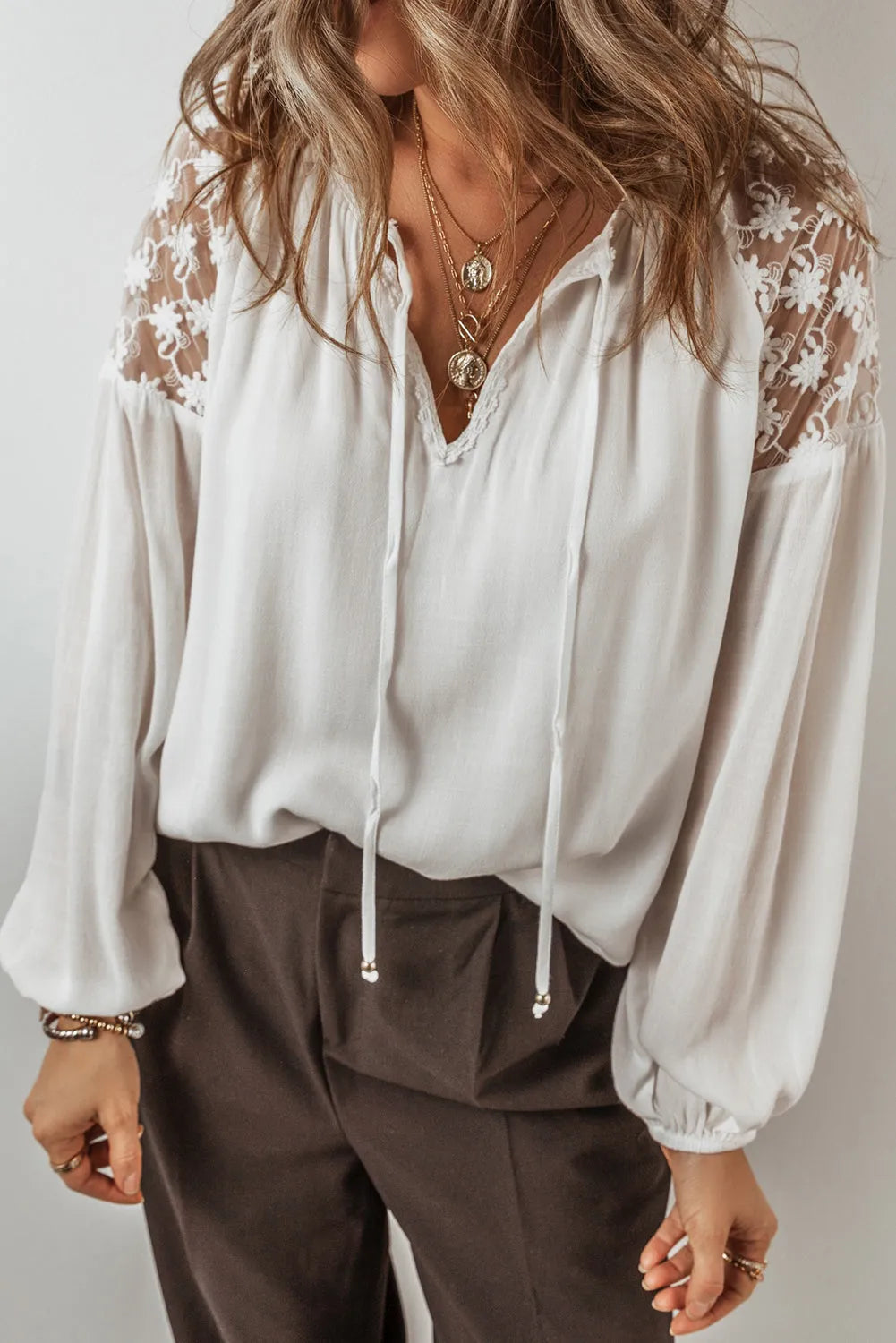 White Floral Lace Patchwork Puff Sleeve Tied V Neck Blouse - Chic Meadow Boutique 