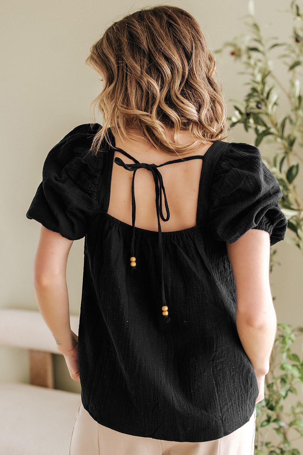 Black Flower Crochet Square Neck Textured Short Sleeve Blouse