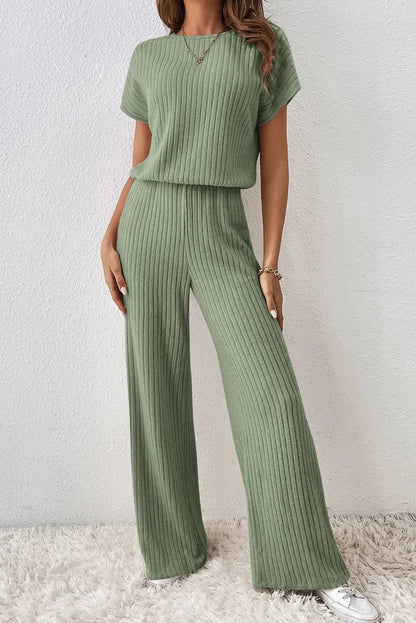 Grass Green Solid Color Ribbed Short Sleeve Wide Leg Jumpsuit - Chic Meadow Boutique 