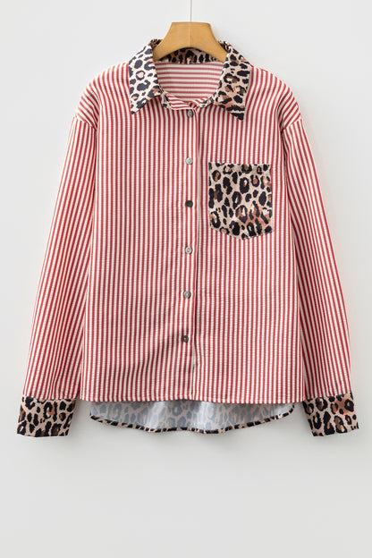 Racing Red Striped Leopard Print Patchwork Button Up Womens Shirt
