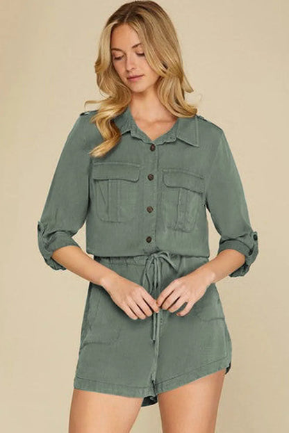 Jungle Green Roll up Sleeve Flap Pockets Drawstring Playsuit - Chic Meadow Boutique 