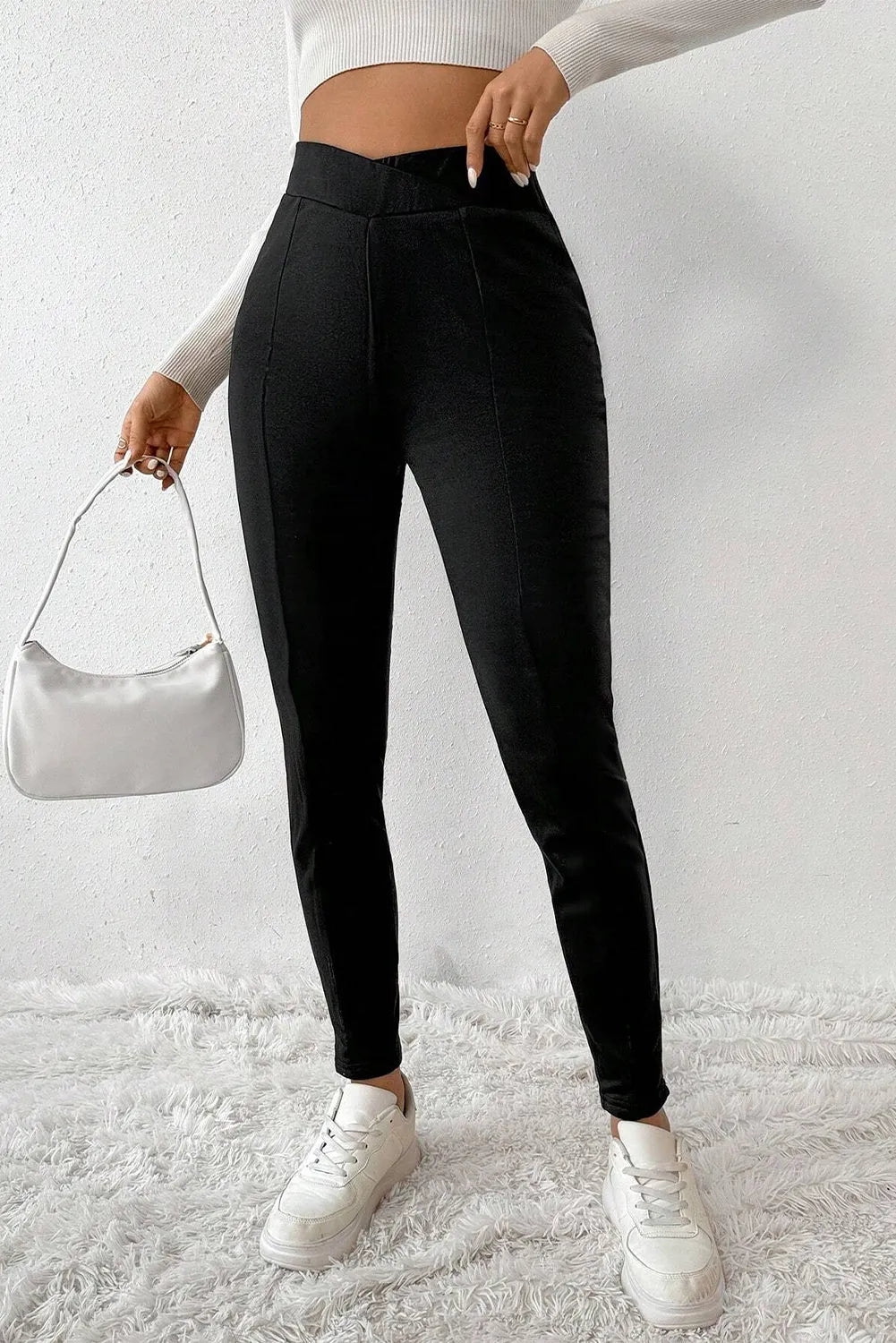 Black Crossed Waist Seamed Leg Thermal Leggings - Chic Meadow Boutique 