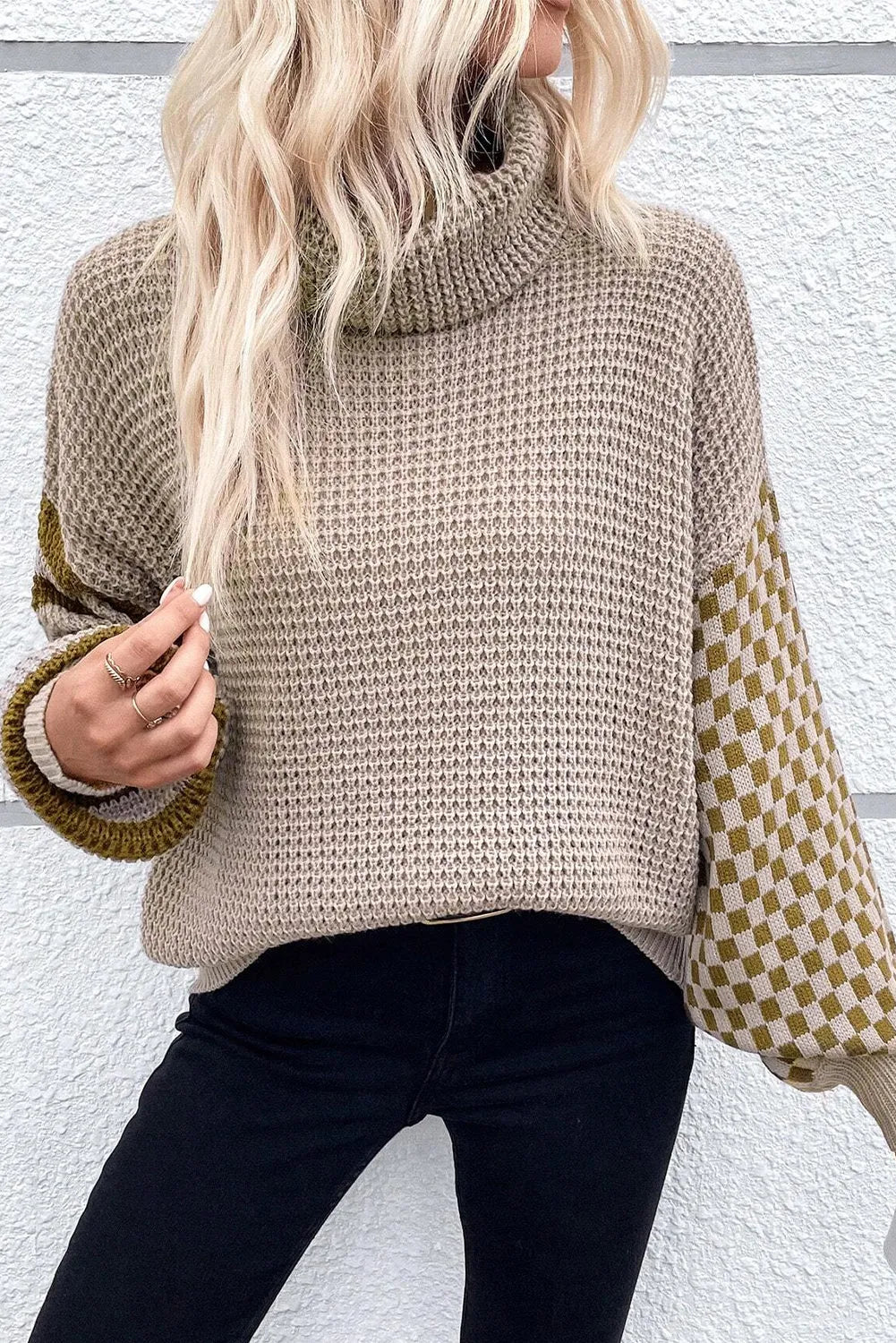 Smoke Gray Striped Plaid Patchwork Waffle Knit Turtleneck Sweater - Chic Meadow Boutique 