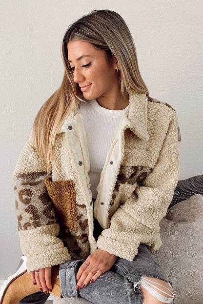 Beige Leopard Patchwork Snap Buttons Sherpa Jacket - Chic Meadow Boutique 