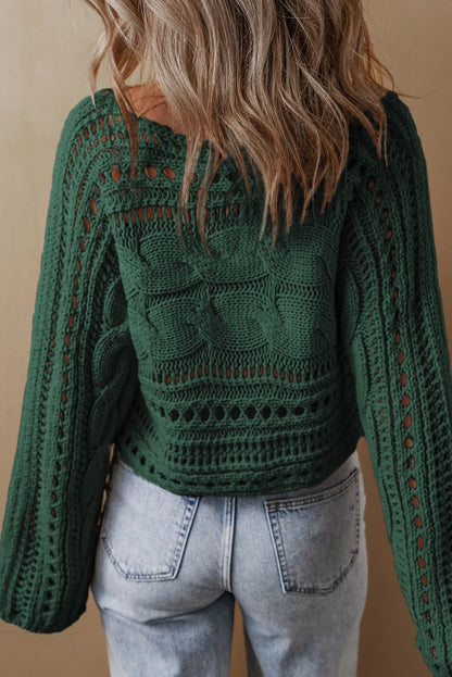 Blackish Green Hollow-out Cable Knit Cropped Sweater - Chic Meadow Boutique 