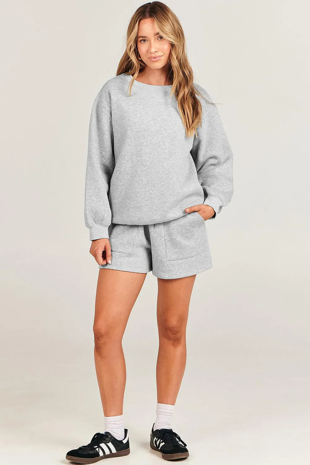 Light Grey Solid Pullover Sweatshirt and Shorts 2 Piece Set - Chic Meadow Boutique 