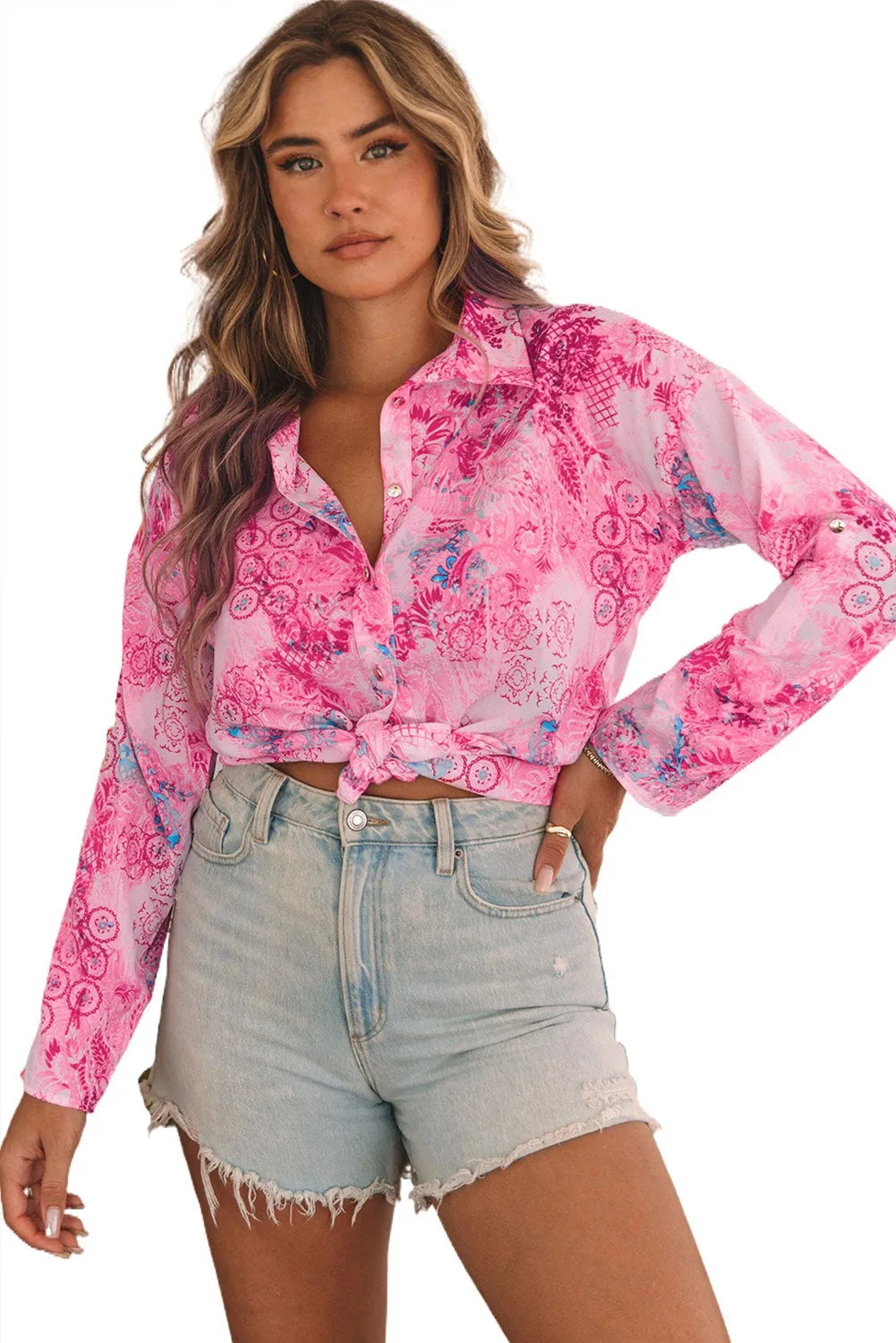 Rose Baroque Floral Roll-tab Sleeve Shirt - Chic Meadow Boutique 