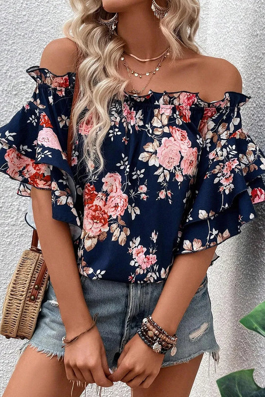 Blue Ruffle Off Shoulder Flounce Sleeve Floral Blouse - Chic Meadow Boutique 