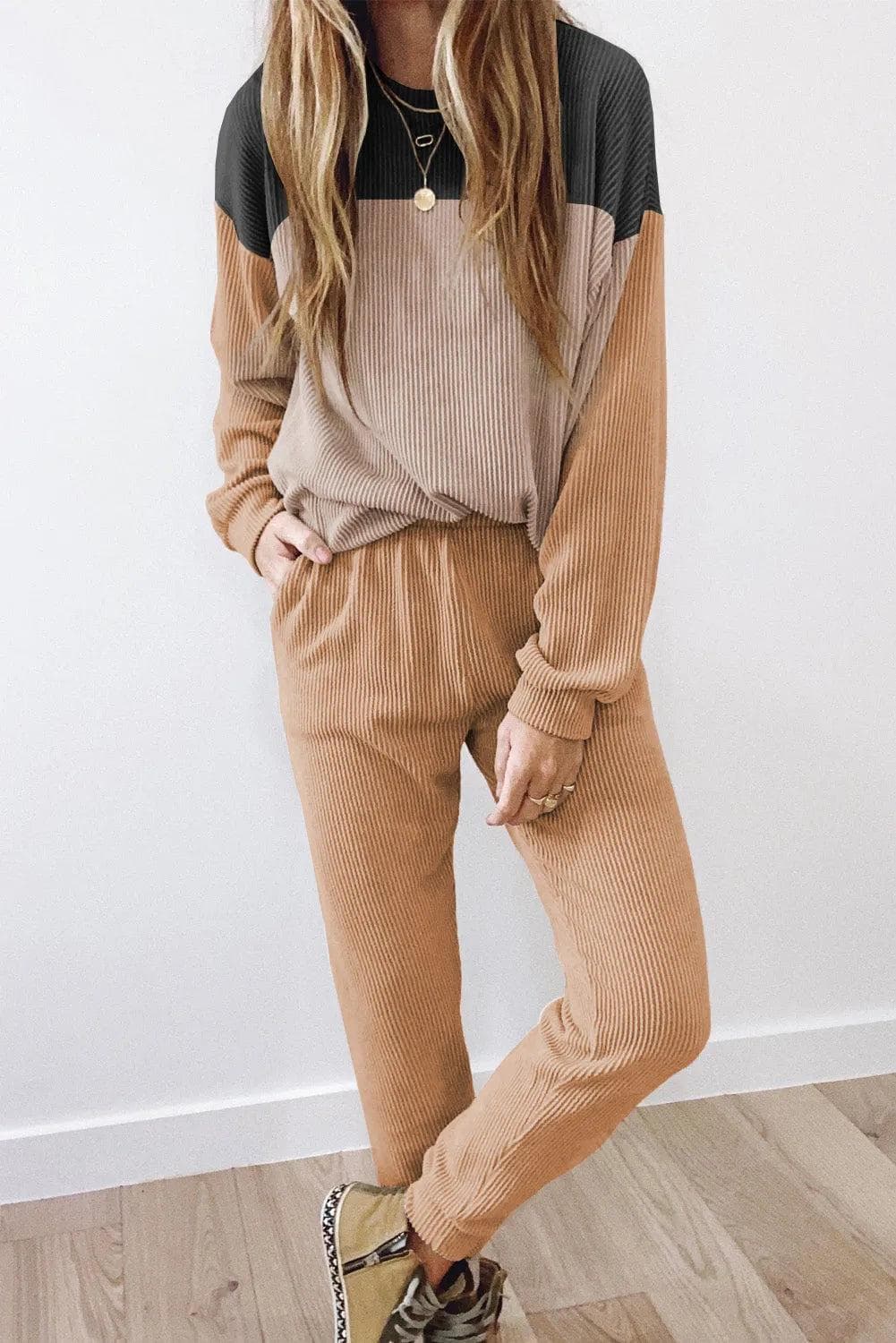 Two Piece Sets/Pant Sets Khaki Corded 2pcs Colorblock Pullover and Pants Outfit