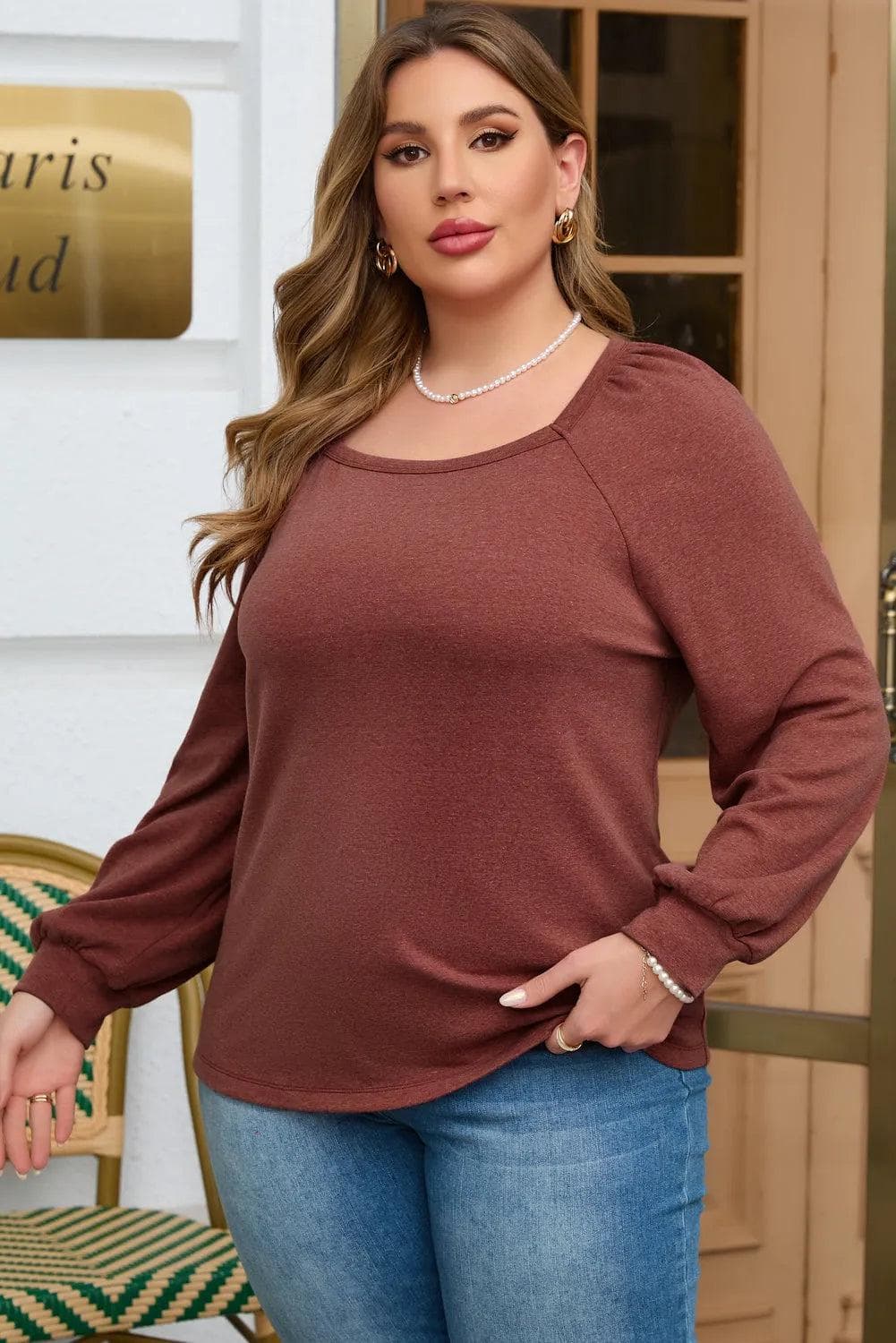 Plus Size/Plus Size Tops/Plus Size Long Sleeve Tops Gold Flame Square Neck Plus Size Knit Top