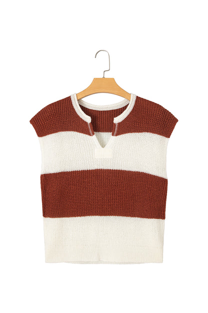 Brown Stripe Striped Colorblock Knit V Neck Short Sleeve Loose Sweater