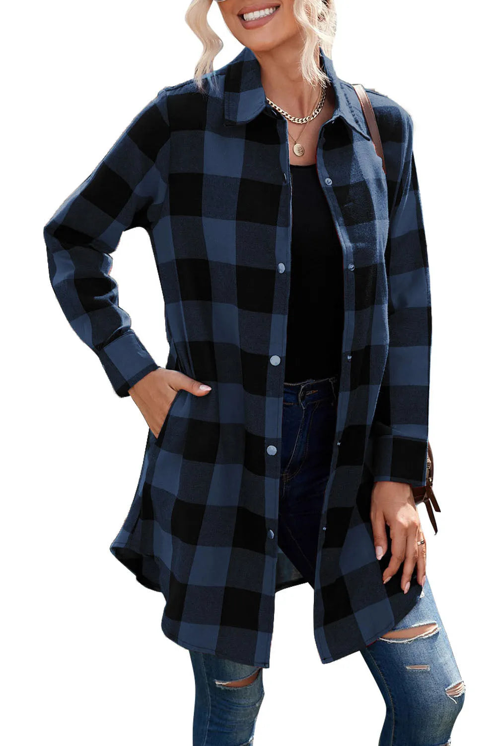 Blue Turn-down Collar Plaid Shirt Jacket - Chic Meadow Boutique 