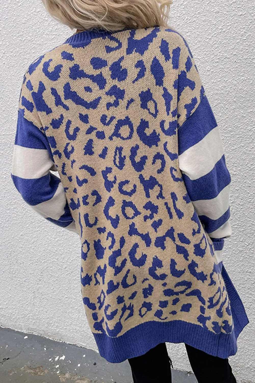 Dark Blue Stripe Sleeve Leopard Print Open Front Cardigan With Pockets - Chic Meadow Boutique 