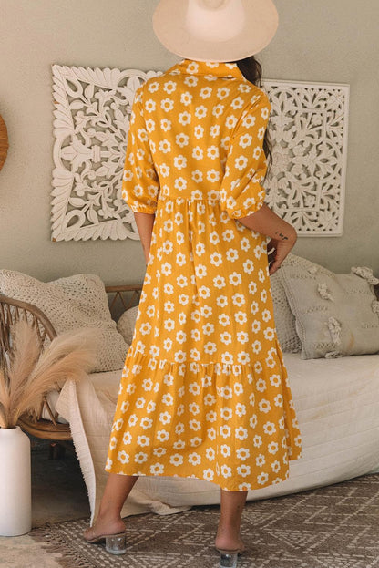 Dresses/Maxi Dresses Yellow Flower Print Bracelet Sleeve Buttons Collared Maxi Dress