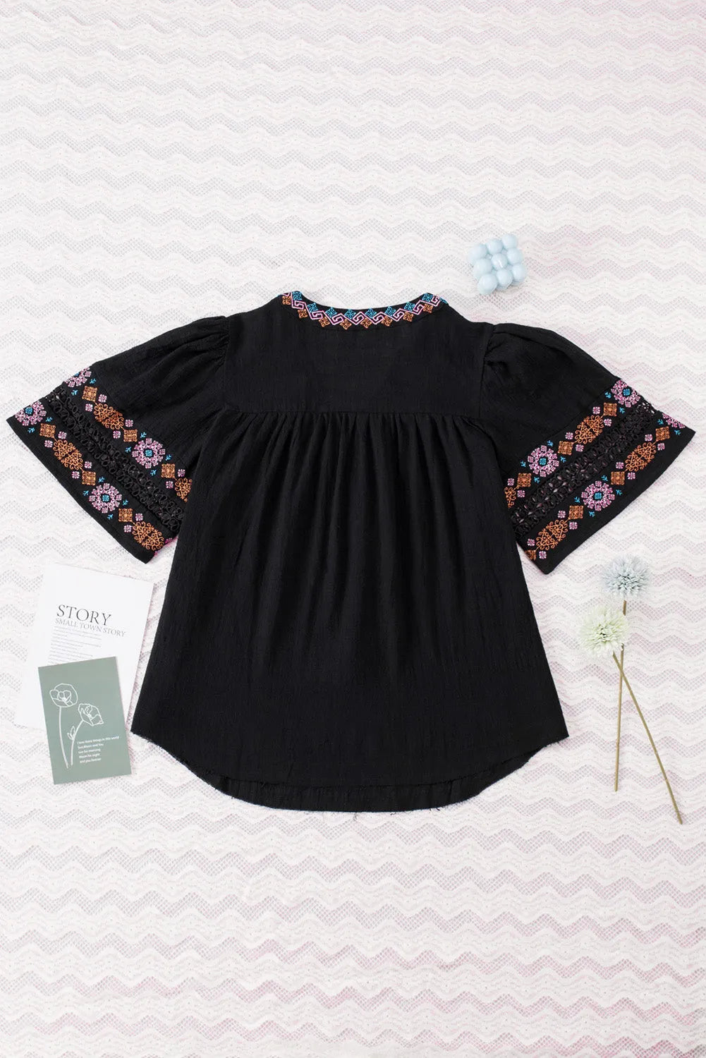 Black Tassel Drawstring Embroidered Half Sleeve V Neck Top - Chic Meadow Boutique 