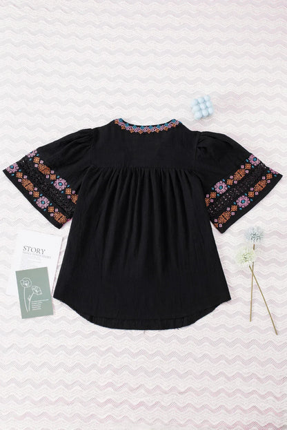 Black Tassel Drawstring Embroidered Half Sleeve V Neck Top - Chic Meadow Boutique 