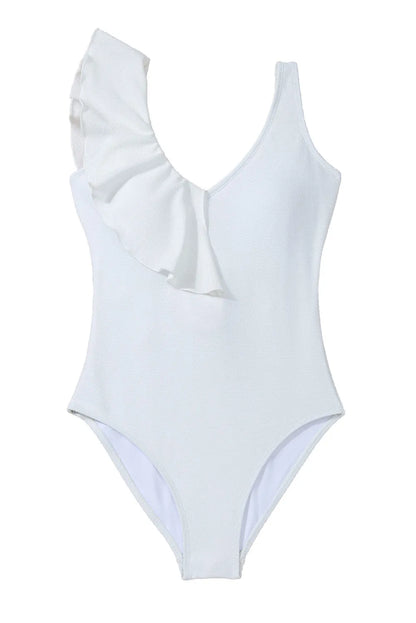 White Asymmetric Ruffle Trim Tie Waist One Piece Swimsuit - Chic Meadow Boutique 