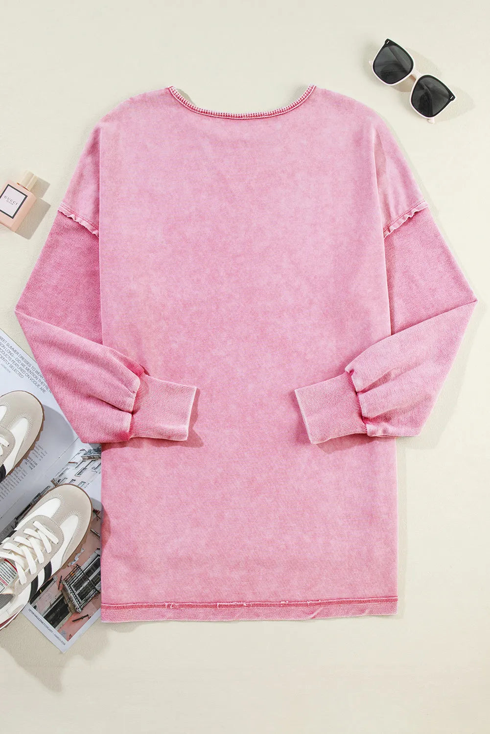 Strawberry Pink Mineral Wash Drop Shoulder Pullover Sweatshirt - Chic Meadow Boutique 