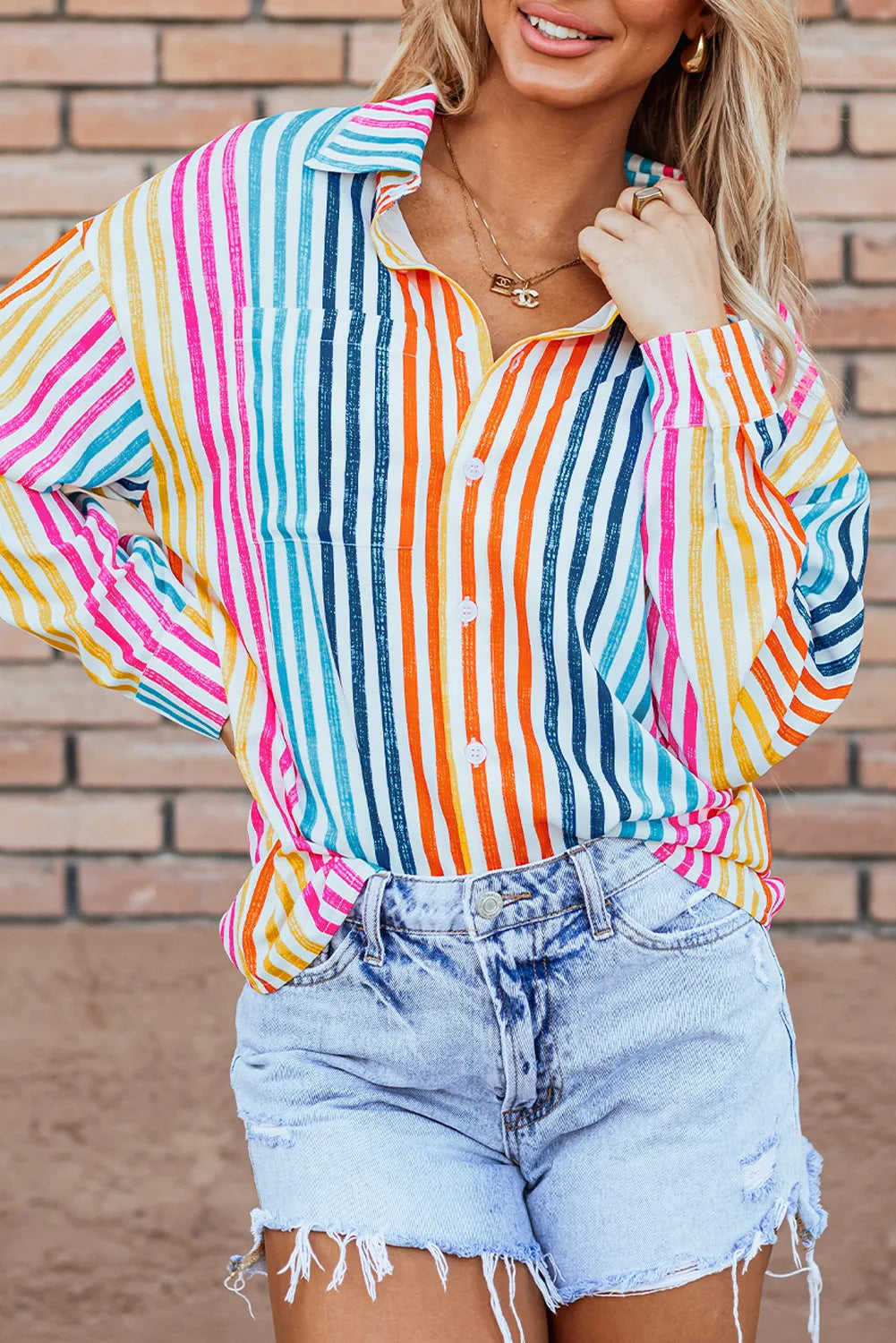 Orange Stripe Multicolor Drop Shoulder Loose Shirt - Chic Meadow Boutique 