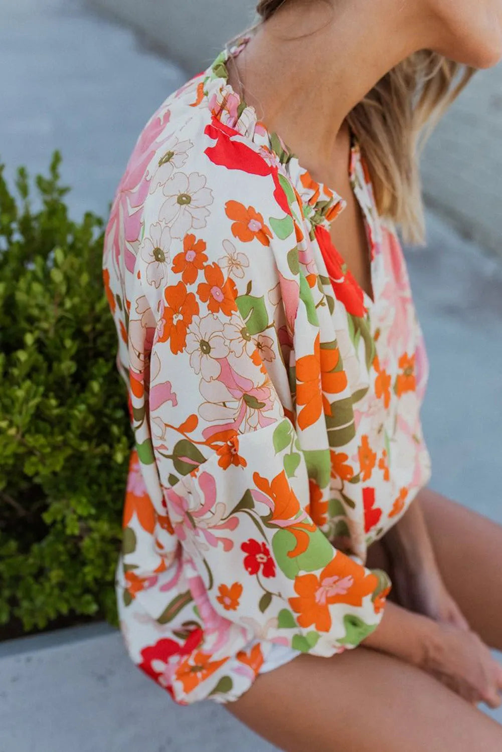 Orange Blooming Flowers Frill Trim Puff Sleeve Blouse - Chic Meadow Boutique 