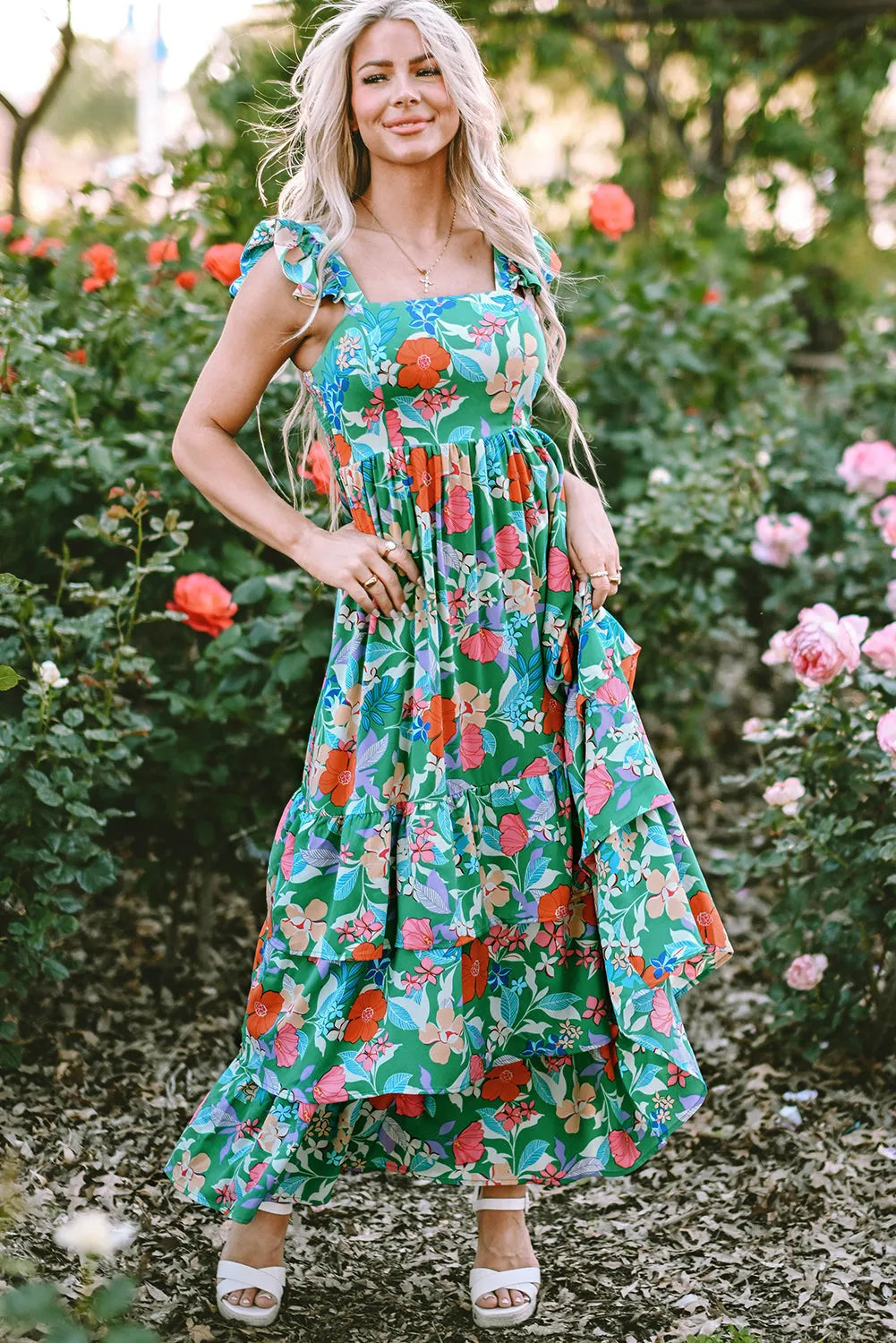 Green Floral Print Sleeveless Ruffle Tiered Maxi Dress - Chic Meadow Boutique 