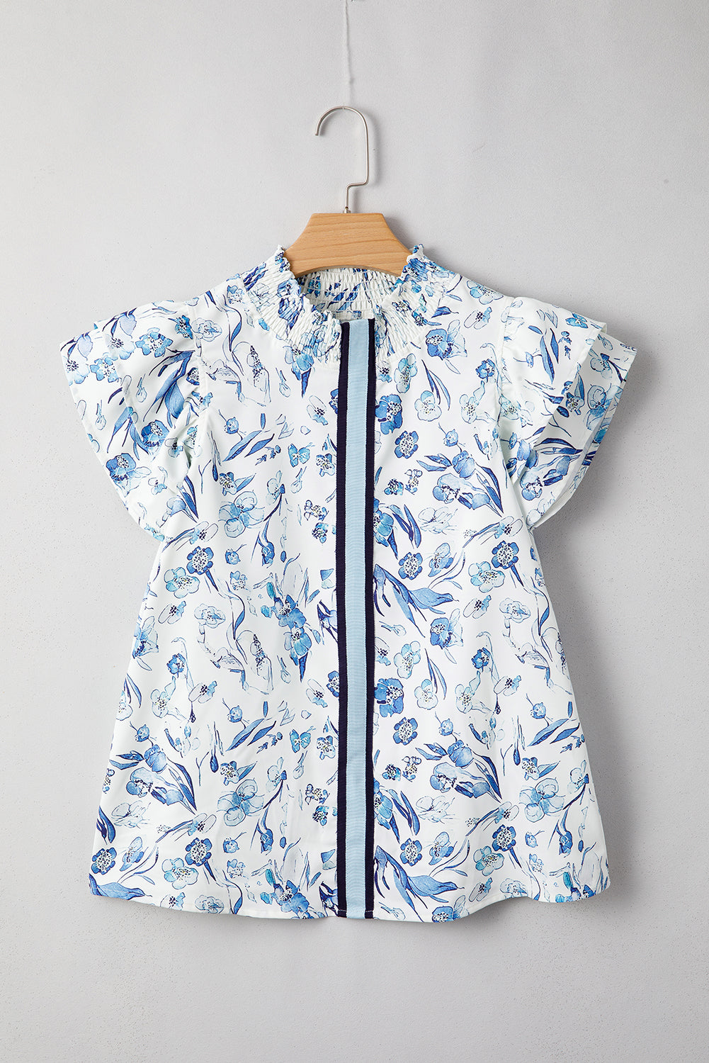 Sky Blue Floral Print Ruffled Short Sleeve Blouse