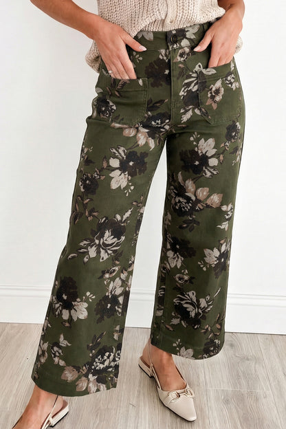 Green Vintage Floral Print Square Patch Pocket Raw Hem Shift Jeans