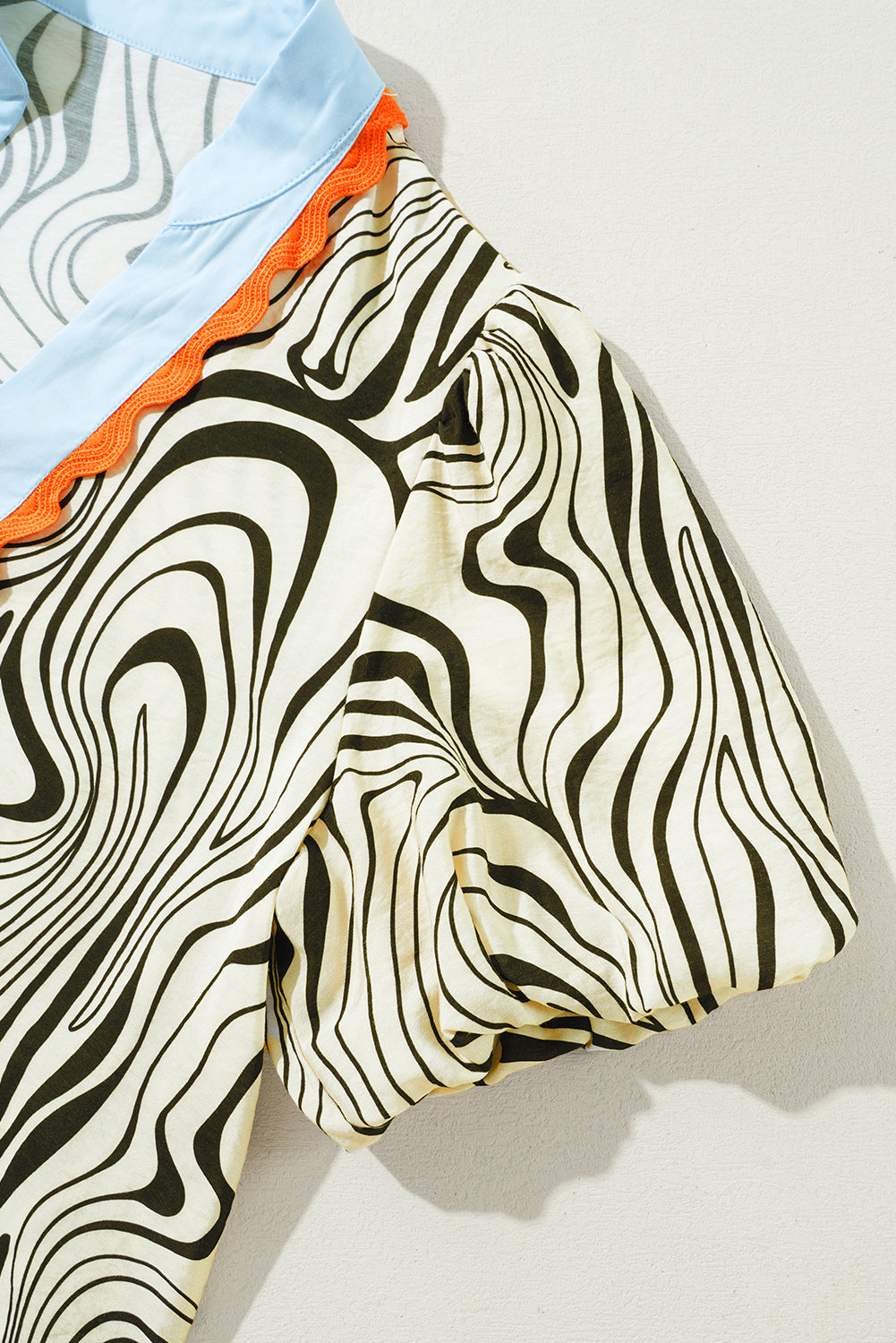 White Zebra Stripe Print Contrast V-Neck Ricrac Detail Short Sleeve Blouse Top