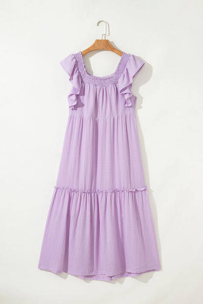 Purple Ruffled Flutter Sleeve Square Neck Textured Tiered Maxi Dress