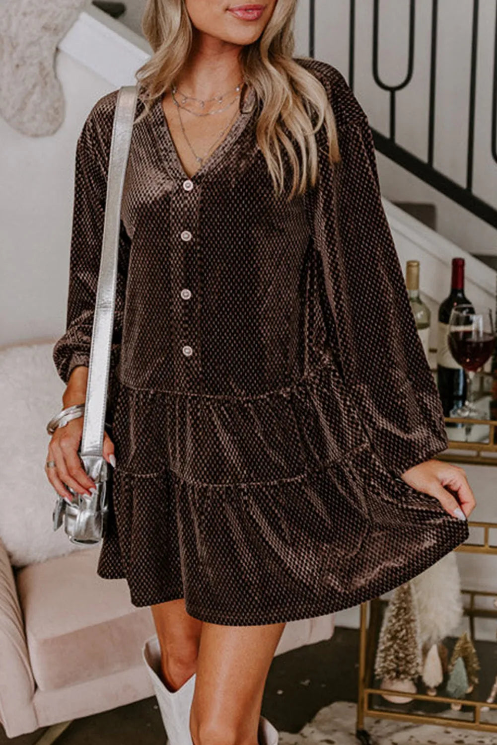 Dark Brown Textured Velvet V Neck Shift Dress - Chic Meadow Boutique 