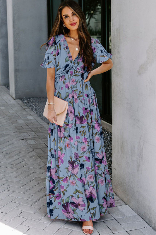 Sky Blue Fiery Floral Print Frilled V Neck Short Sleeve Maxi Dress