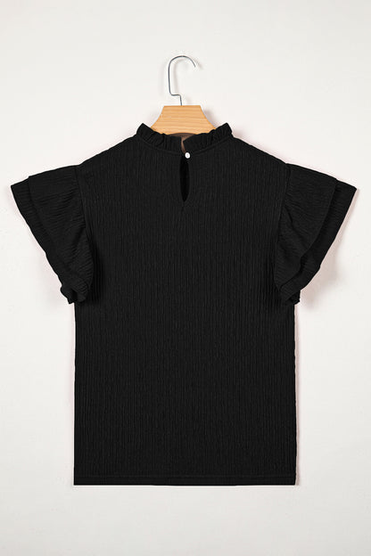 Black Solid Color Textured Ruffle Trim Short Sleeve Blouse